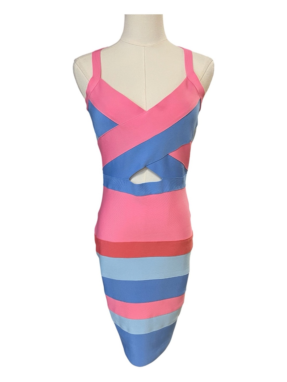 EUC Fashion Nova Pink & Blue Colorblock Striped Bandage Mini Dress | Size M